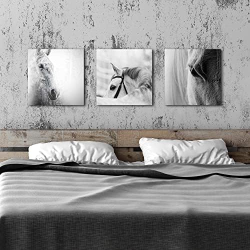 Стенно изкуство върху платно с Коня си в спалнята: 3 предмет, Черно-бели Снимки на селскостопански Животни, Модерен Селска