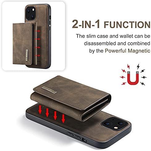 Чанта-портфейл за iPhone 13/13 Mini/Pro 13/13 Pro Max, Подвижна Кожена чанта 2 в 1-магнитна основа със 7 Отделения за