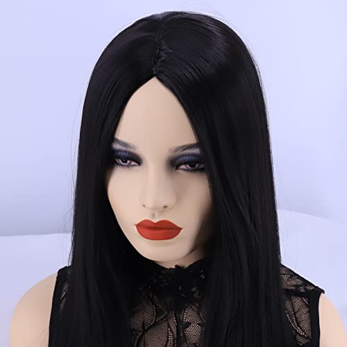 Дамски перуки Hulaidywig, черна дълга права костюм без бретон, аниме-перука, средната част, синтетични перуки (32 инча)