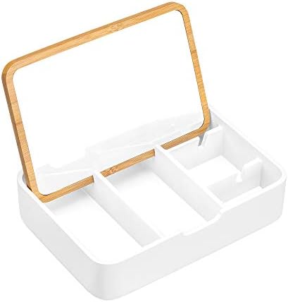 Организатор Navaris Small Jewelry Box Organizer - Модерен Титуляр за съхранение на 8,6 x 6 x 2 с 5 отделения, капак на дървена и Огледало - За Пръстени, Обици, козметика