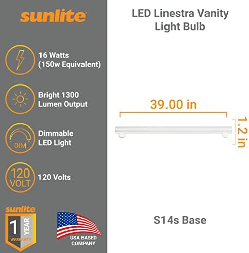 Работа на смени крушка Sunlite 53155-СУ LED Linestra Vanity LN150, 39 Инча, 16 W (еквивалент на 150 W), с регулируема яркост, Цокъл S14s, 1300 Лумена, 1 брой (опаковка от 1), 27 К - Топло бяло