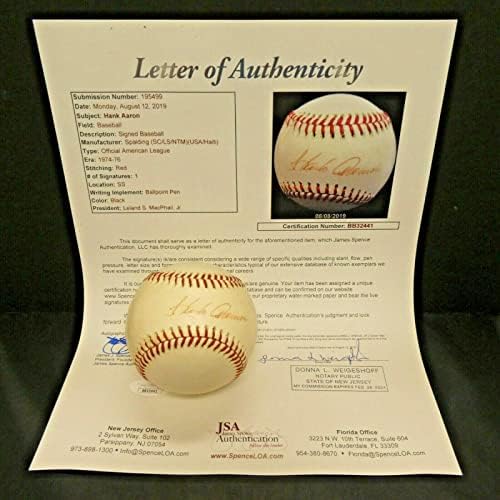 1975 Ханк Аарон Реколта Подписа Договор с Американската лига на бейзбол с Пълна Буква JSA - Бейзболни топки с Автографи