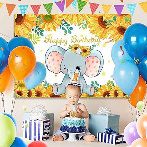 7 × 5 метра Фон със Слънчоглед във формата на Слон, на Фона на парти в чест на Деня на Раждането за Новороденото, Cartoony