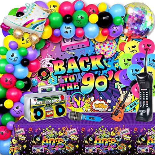 Winrayk 132Pcs на 90-те години на декорации за партита на 90-те години на хип-хоп рожден ден декорация, топка гирлянди комплект 90-те години на фона на покривката телефони, рад