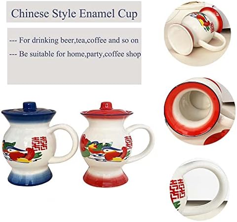 Fowargif комплект от 2 керамични забавни кафеени чаши във формата на плевательницы с лъжица, Чаша за вода, чай и мляко, Емайлирани чаши с капак