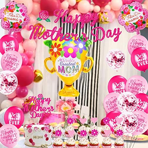 Декорации за Деня на майката ayiho Ярко Розово Блестящ Банер С Деня на Майката, Topper за Торта, Розови балони за Деня