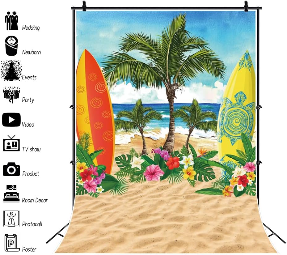 Летен Плаж на Фона на Тропически Бряг на Морето, Пясъчен Плаж с Кокосови Палми Дъска За сърф Фон С Цветен Модел Синьо