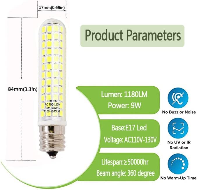 Led лампа E17, нова подобрена - Лампа E17, 125 × 2835 SMD, с регулируема яркост 9 W, Еквивалентна халогенна лампа с мощност