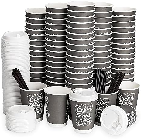 За еднократна употреба чаши кафе на Aplus Trend - Хартиени кафени чашки с капаци и бъркалки - Плътни Картонени Чаши за топла - С двойни стени - Подходящи за вторична прераб