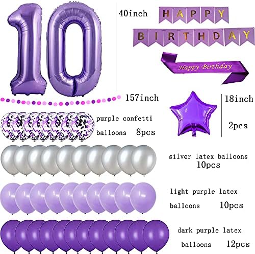 Украса за партита на 10-ти рожден ден yujiaonly Лилаво Хартиен Банер честит рожден Ден Лилаво 40-инчов номер 10 честит рожден ден, колан от латекс и конфети, балони, идеални