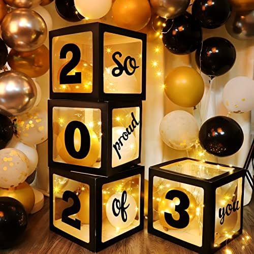 2023 Бижута за бала: 4 Кутии от черни балони с led гирлянди, 24 въздушни кълбо и 6 Специални топки конфети със златни пайети, Аксесоари за Декорация за Абитуриентски парти