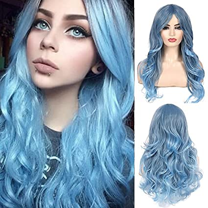 Синя перука Beweig за жени, дълга къдрава вълнообразни перука пастельного син цвят, странична част, синтетични перука
