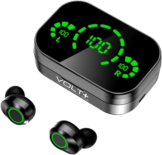 Слушалки Volt Plus TECH Wireless V5.3 LED Pro, съвместими с вашия HTC Windows Phone 8X IPX3 Bluetooth-защита от вода и пот/шумопотискане и четырехъядерным микрофон (черен)
