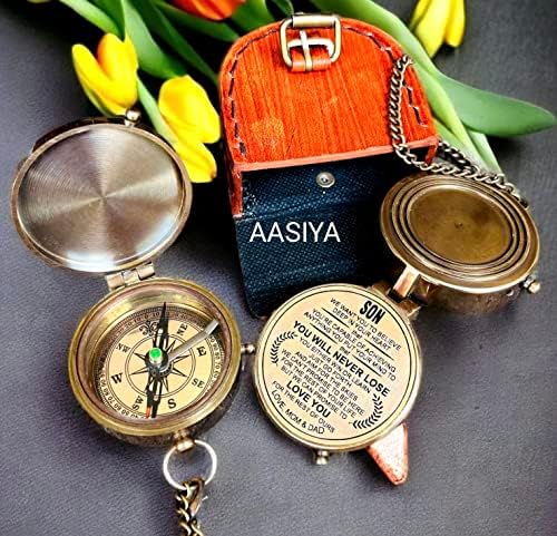 Компас Son Морски от месинг, антични с надпис на Кожен джоба за носене, с веригата Pirates Compass Чудесен подарък за туризъм|на открито | от Vintage Royal Морски, 2,5 X 2,5 X 0,90 инча