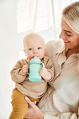 ежедневна детска Стъклена чаша за пиене, от 6 месеца, Силиконов ръкав, Включва Силиконов чучур, дръжки за пиене, тапа, 150 мл (5 унции) (Мятно-зелен)