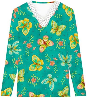 Блуза, Риза за Момичета Лято Есен 2023 Дрехи с Дълъг Ръкав и VОбразным Деколте Дантелен Памук Топ с Графичен Дизайн за Почивка 7Д-7Д