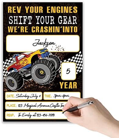 Покана Grace Yonks Rev Your Engines, Покани за Рожден Ден Monster Truck, 20 Покани и пликове, Покани за парти по случай