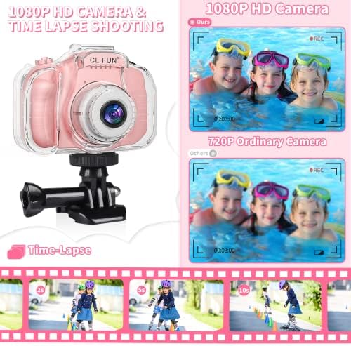 Водоустойчива Камера CL ЗАБАВНИ Детски, Подаръци за момичета 5, 6, 7, 8, 9, 10 години, Коледни Подаръци за Рожден Ден за Деца, Подводно Видео с SD-карта от 32 GB, Розов