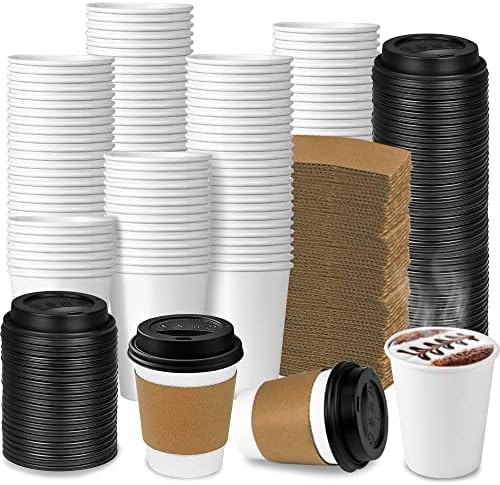 За еднократна употреба Кафени Чаши от дебела хартия Гинко 300 Pack обем 12 унции с Капаци и втулками, Комплект Чаши за горещо кафе To Go за Шоколад, какао, напитки и чай