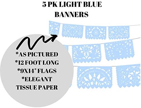 Светло Сини Банери с флага Papel Picado 5 бр. с дължина повече от 60 метра, пълна Аквамариновая Венец от Цигарена хартия, Красиви Сини Банери за Сватби, Бални вечери, рожден?