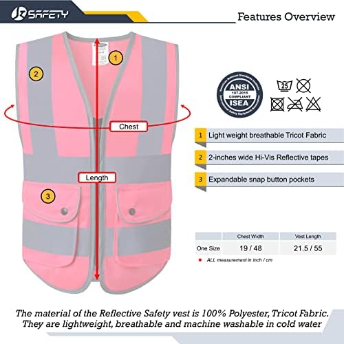 Детска жилетка за безопасност JKSafety повишена видимост с цип отпред със светлоотразителни ивици, отговаря на стандартите на ANSI/ISEA (детски, средно-розов) ¡