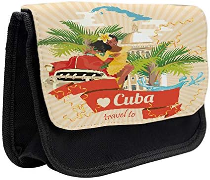 Преносим молив случай Havana, Забележителностите на Кубинската култура, Тъканно Чанта за Моливи с Двоен цип, 8,5 x 5,5,
