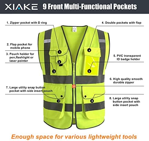 Отразяваща жилетка за безопасност XIAKE клас 2 Hi Vis с 9 джобове и цип, Защитно работно облекло, отговаря на стандарта ANSI / ISEA