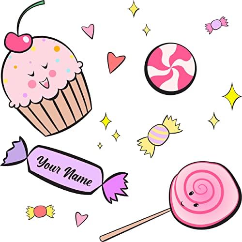Cartoony Усмихнат cupcake, шекерче на клечка и бонбони на стената с потребителски име за момиче Или украса за вашия лаптоп