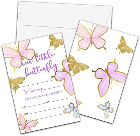 Покани за рожден Ден с пеперуди в пликове - Безплатни билети на парти в чест на първия рожден ден на момичета на Покани, Картички с пеперуди за момичета - 1-аз парти (20