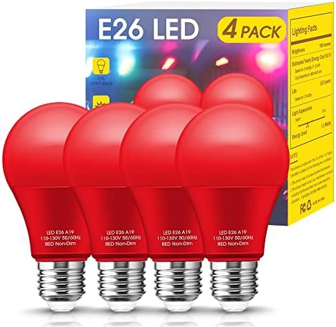 Червените Крушки Woxeon [4 опаковки] - Коледни електрически Крушки, Led червени Крушки A19 за улица с мощност 9 W (еквивалент