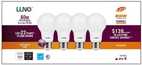 Led лампа LUNO A19 с регулируема яркост, 9,5 W (еквивалент на 60 W), На 800 Лумена, 2700 К (мека), Средна база (E26), UL & ENERGY STAR (4 комплекта)