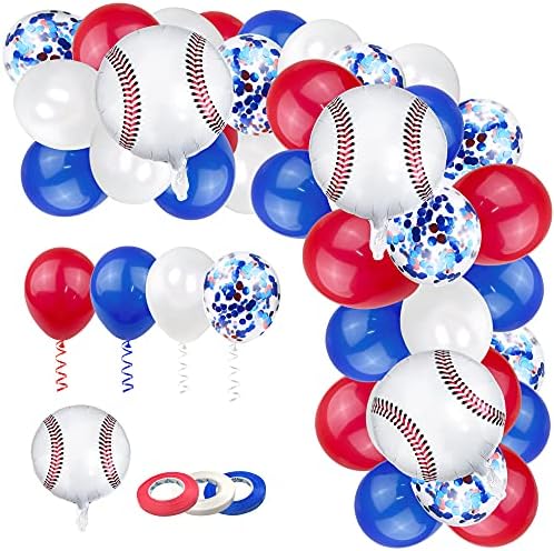 100 БР. Балони на Бейзболна тема, Набор от бижута за бейзбол Тематични партита, Балони от Бейзболна Фолио, Червени, Сини,