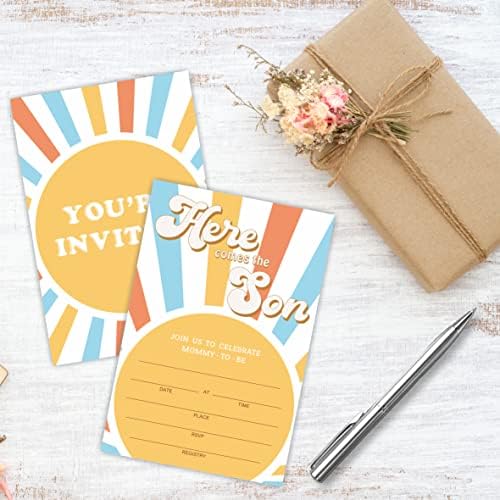 YKYENR А ето и поканата за детски душ от Слънцето， 25 Покани За детски душ ретро стил поп-музика С конвертами, попълнени