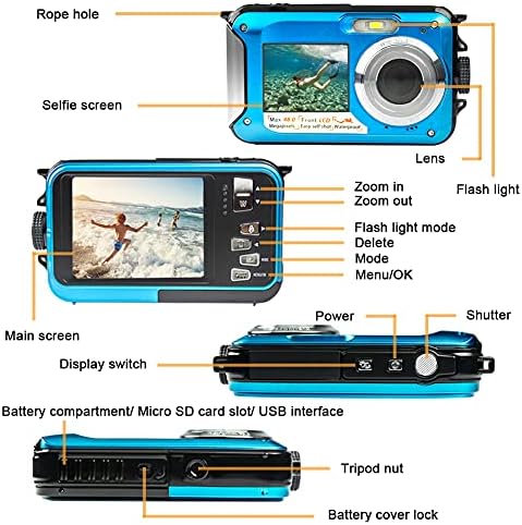Подводна камера Full HD 2.7 K 48MP Водоустойчива Камера за гмуркане с шнорхел с двойна екран, Водоустойчив Цифров фотоапарат с Автоспуском и 16-кратно цифрово увеличение (WP