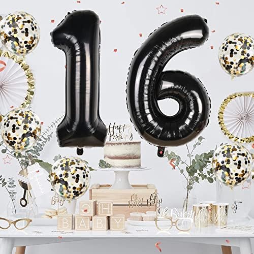Черни 18 Балони с номер, балони с номер 18, 40-Цолови Черни балони на 18-ти Рожден ден с Лъжичка Конфети, Украса на 18-ия
