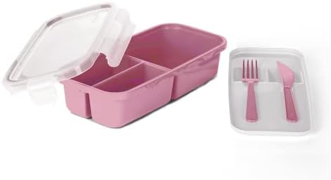 Контейнер за обяд Plasvale Bento Lunch Box - 3 отделения - Вградена Пластмасови прибори - Издръжлива пластмаса - Безопасно
