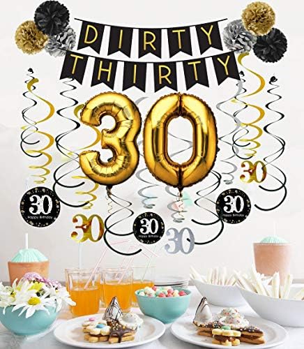 Мръсен Тридесет години Банер с pom-помераните, 30-те Блестящи Висящи Ленти, 30-Годишни Балони за 30-ия партита честит Рожден Ден, Набор от Бижута