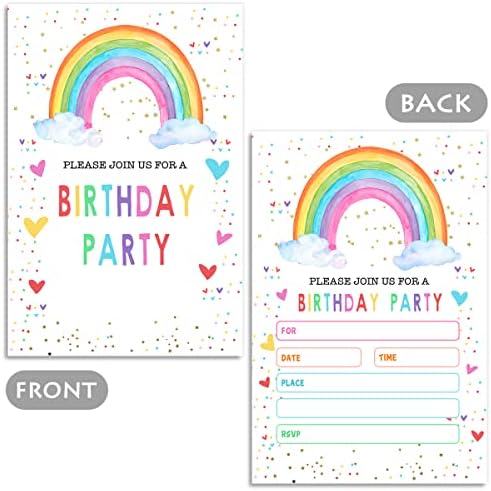 Покани за рожден ден Rainbow - Попълнете Празните Покани на рожден ден, За Декорация на партита за малки момичета и момчета, Аксесоари (20 Картички с 20 конвертами)