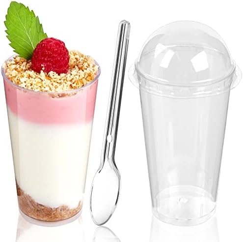 Мини-Десертни Чаши TOFLEN 50ct 3 грама с Капаци и Лъжици - Прозрачни Пластмасови Чаши за закуски към Парфе - Малки Кръгли