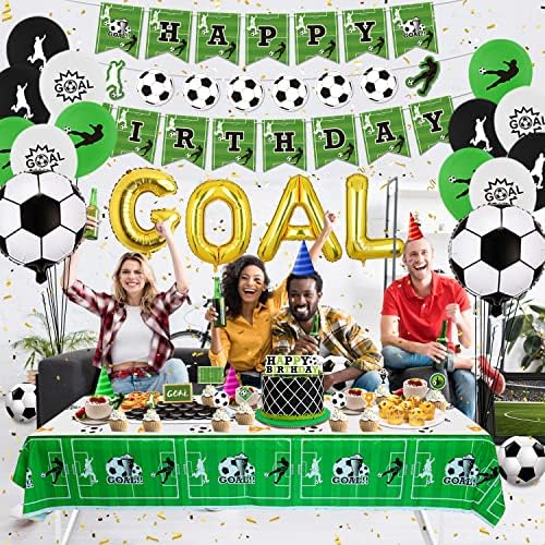 Аксесоари за футбол партита - 3 Комплект Банери на футболната тематика честит рожден Ден, 1 Покривка, 10 торти и 15 балони