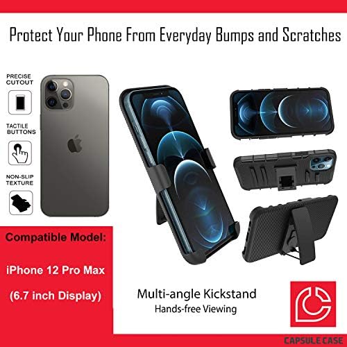 Калъф Ohiya е Съвместим с iPhone 12 Pro Max [Защита от военен клас, Ударопрочная сверхпрочная кобур-стойка, Защитен черен