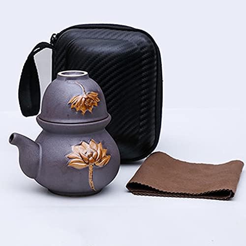 мини пътен керамичен чайник houbingb, китайски чайник за кунг-фу, 1 кана и 2 порцеланови чаши, с чанта за носене от чаено сервиза, за пикник на открито (цвят на жп глазура)