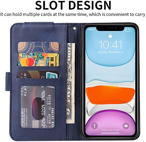Чанта-портфейл XYX за Samsung A10s, Обикновен, от изкуствена кожа, 9 Слотове за карти, една Чанта-портфейл с цип с каишка на китката, за Galaxy A10s SM-A107, Синьо