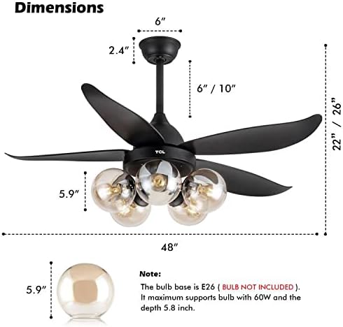 TCL 48 Черно вентилатор на тавана с дистанционно управление, осветление, Класически вентилатор на тавана с 5 стъклени нюанс светлина за led крушка на Едисон, Тих заден д