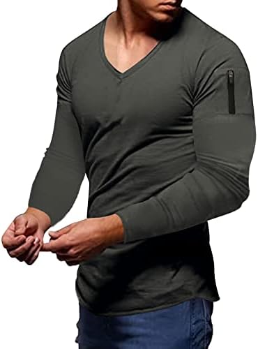 XXBR Мъжки есенни тениски с дълъг ръкав и V-образно деколте, плътно прилепнали тениски с цип с раменете си, Върхове,
