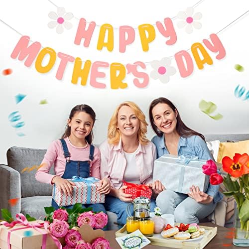 Фетровый Банер на Деня на Майката, Банер Честит Щастлива майка с Цвете, Банер с Венец за Обяд в чест на Деня на майката, Подаръци за Деня на майката