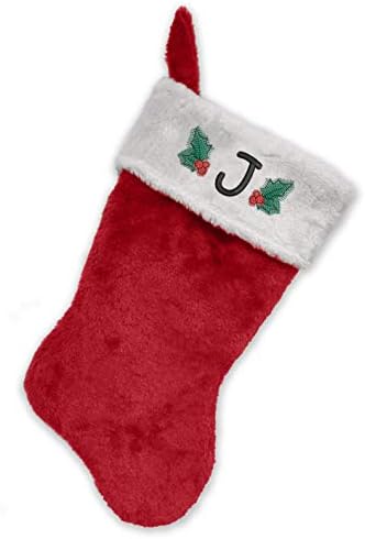 Коледни чорапи с бродирани мен монограм, Червено-бял плюш, Инициал J