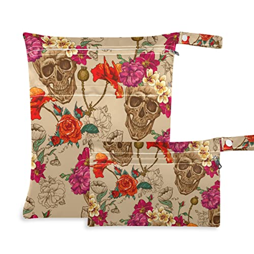 Мокра Суха Чанта с цветя на Черепа, за многократна употреба Влажен чанта за Памперси за Бански костюми, Водоустойчив Влажна, Суха Органайзер с Два Джоба с Цип, Дръжк