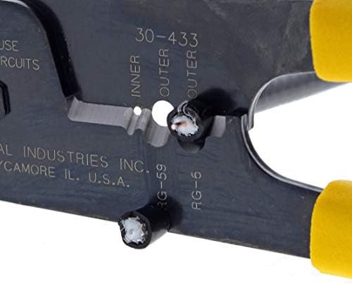 Инструмент за коаксиален за полагане и пресоване на IDEAL Electric 30-433 - 12,5 инча, Точност пресклещи, Устройство за източване на коаксиален кабел с 3 Обжимными гнезда, Текст