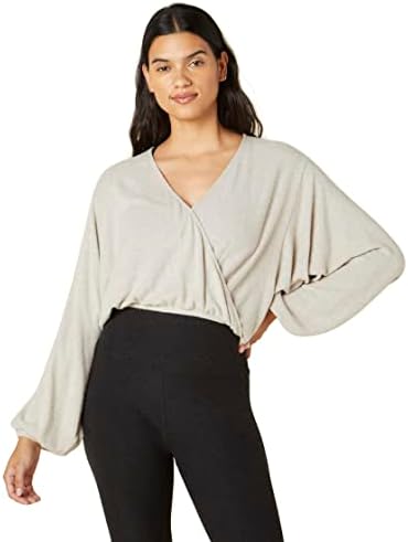 Жена пуловер с мирис на Beyond Yoga - Ръкави Прилеп с пресичащи предните части, Луксозен и удобен пуловер Oatmeal XS One Size